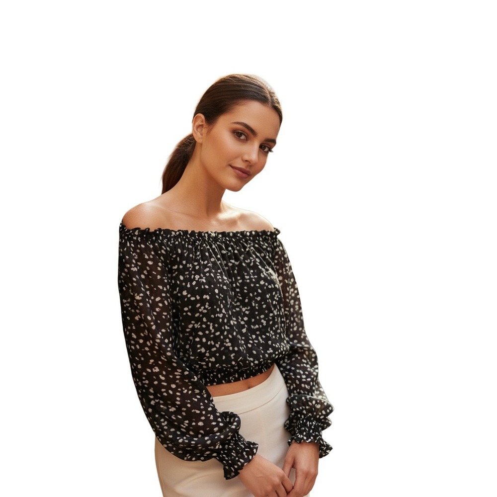 Le Ragazze Italian Silk Floral Off Shoulder Crop Blouse NWOT Cottagecore Luxe